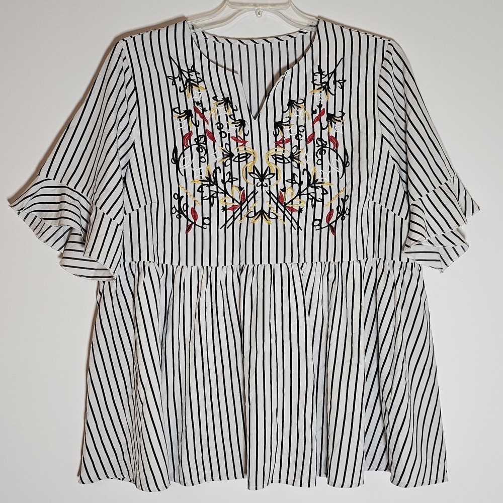 Shein Curve Tunic Top Womens 2XL Black White Striped Embroidered Ruffle Sleeve